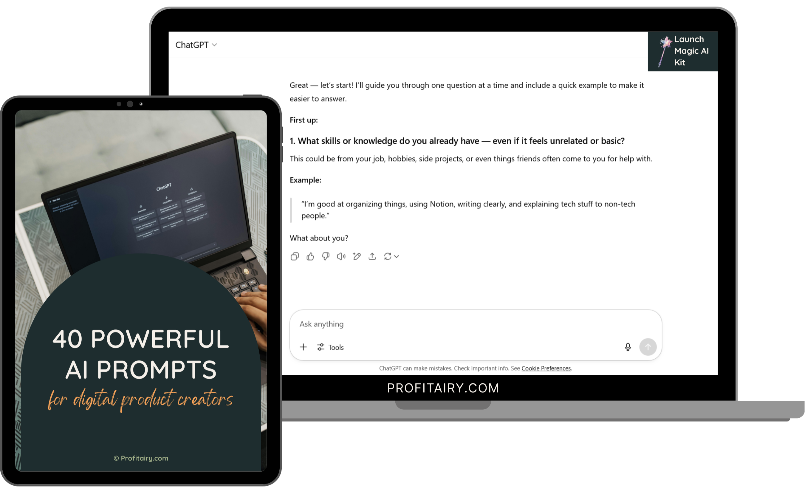 Laptop and tablet displaying AI prompts for digital product creators with Profitairy branding.